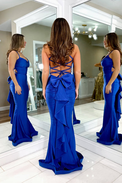 Cute Mermaid V Neck Royal Blue Stretch Satin Long Prom Dress AB26031301