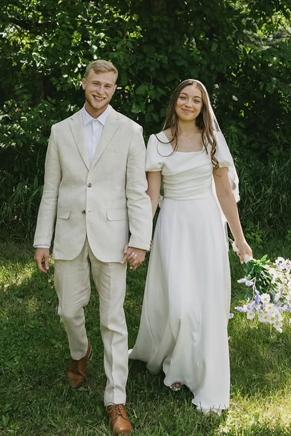 A-Line Square Neck Short Sleeves Satin Wedding Dress AB25092307