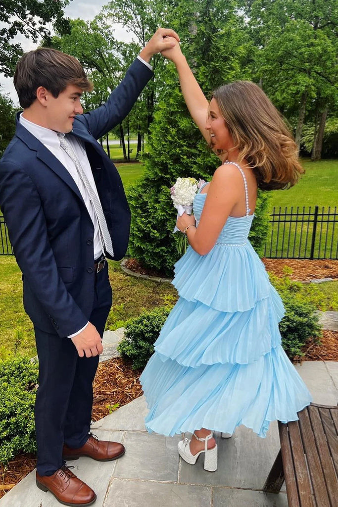 Cute A Line Sweetheart Light Blue Pleat Chiffon Long Prom Dress with Pearls Beading AB24122608 Anniebride Cute A Line Sweetheart Light Blue Pleat Chiffon Long Prom Dress with Pearls Beading AB24122608 Anniebride