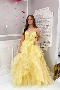 Fairy A Line V Neck Yellow Tulle Ruffled Prom Dress AB25010407