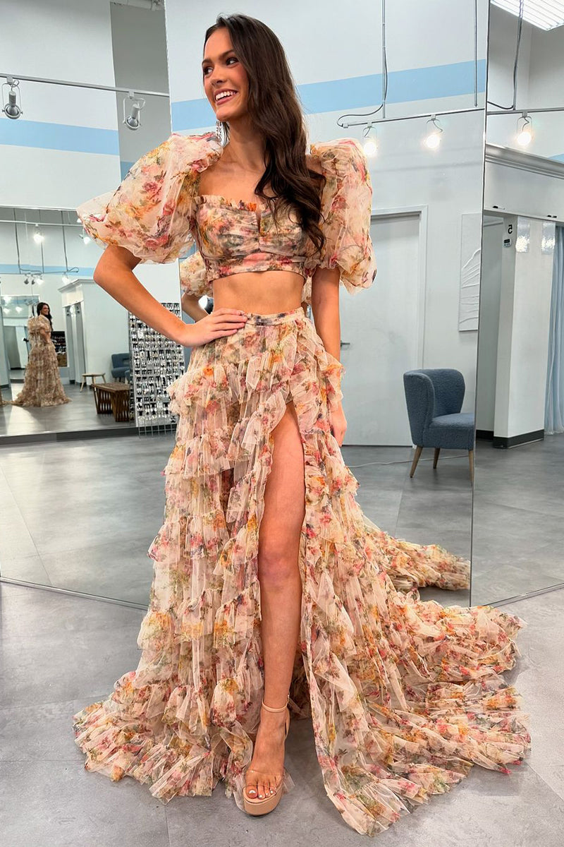 Elegant Two Piece Ruffle Tiered Floral Printed Long Prom Dress AB4053004 –  Anniebride