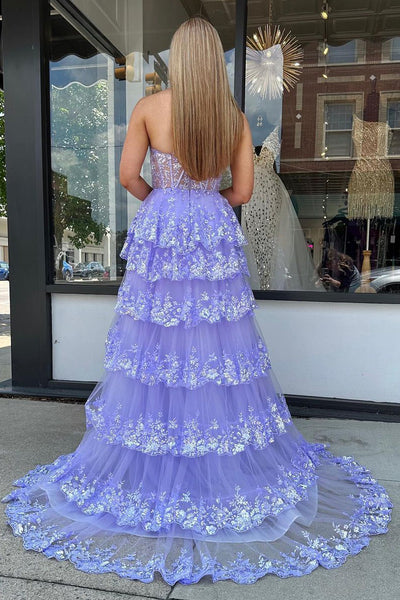 Charming A-Line One Shoulder Lilac Tulle Long Prom Dresses with Side Slit AB061802
