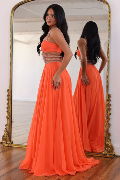Charming A Line Straps Orange Chiffon Prom Dress with Beading AB26102804
