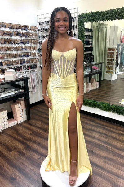 Stunning Mermaid Scoop Neck Aqua Hot Fix Satin Prom Dress with Slit AB26011008