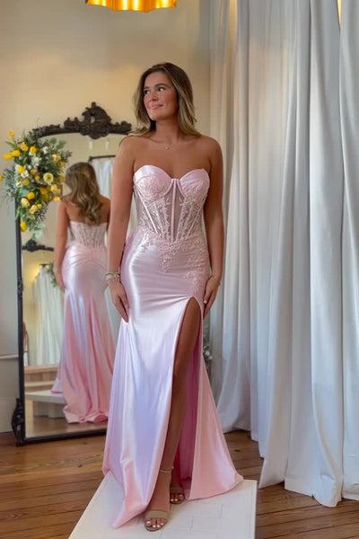 Cute Mermaid Sweetheart Light Pink Satin Prom Dress with Appliques AB26040518