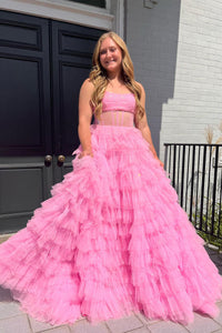 Cute Ball Gown Sparkly Tulle pink Long Prom Dresses AB100704