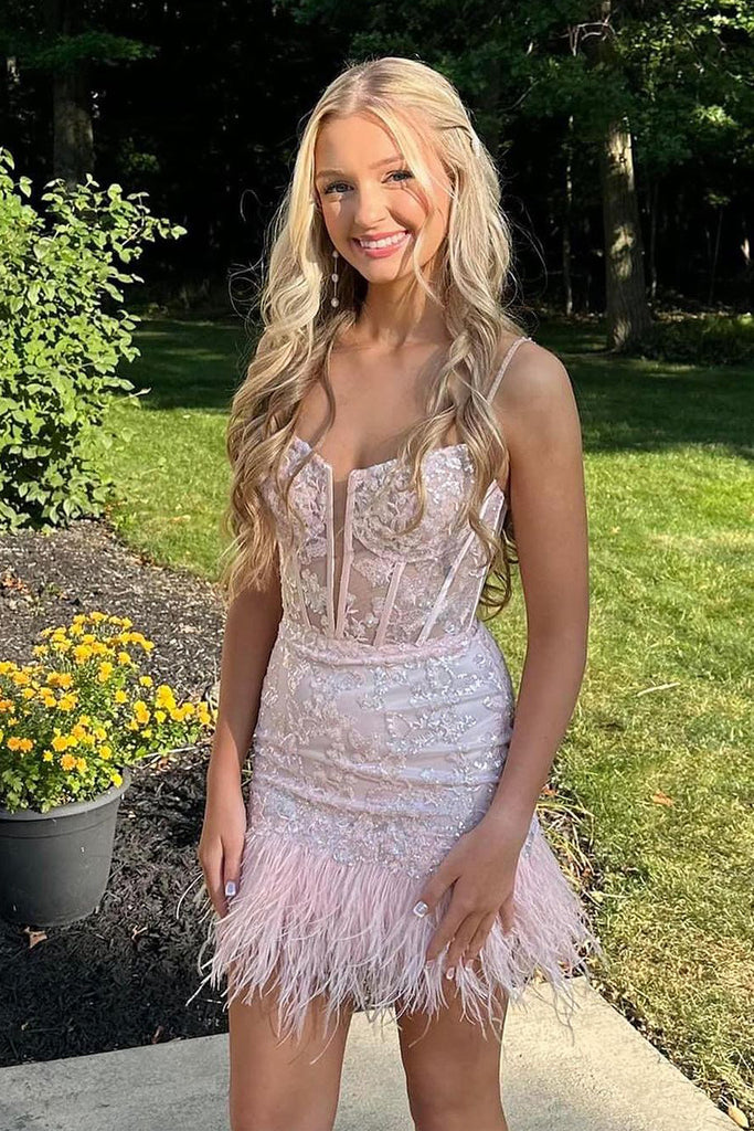 Cute Bodycon Scoop Neck Blush Pink Short Homecoming Dresses with Feather AB100305 Anniebride Cute Bodycon Scoop Neck Blush Pink Short Homecoming Dresses with Feather AB100305 Anniebride