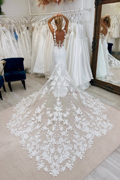 Gorgeous Mermaid V Neck Elastic Satin Wedding Dress with Appliques AB25112410