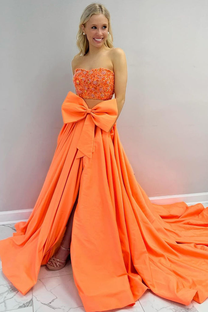 Two Piece Strapless Orange Satin Long Prom Dresses with Bow AB4030303 Anniebride Two Piece Strapless Orange Satin Long Prom Dresses with Bow AB4030303 Anniebride