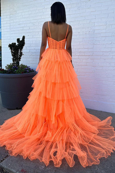 Cute Ball Gown Sweetheart Orange Tulle Tiered Long Prom Dress AB4020105