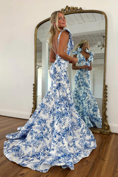 Gorgeous Mermaid V Neck Flower Print Satin Prom Dress AB25111207