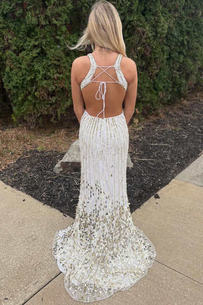 Sparkly Mermaid V Neck White Sequins Prom Dress with Beading AB26032805