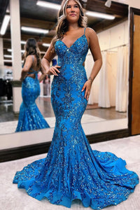 Gorgeous Mermaid V Neck Blue Sequins Lace Prom Dresses AB111405