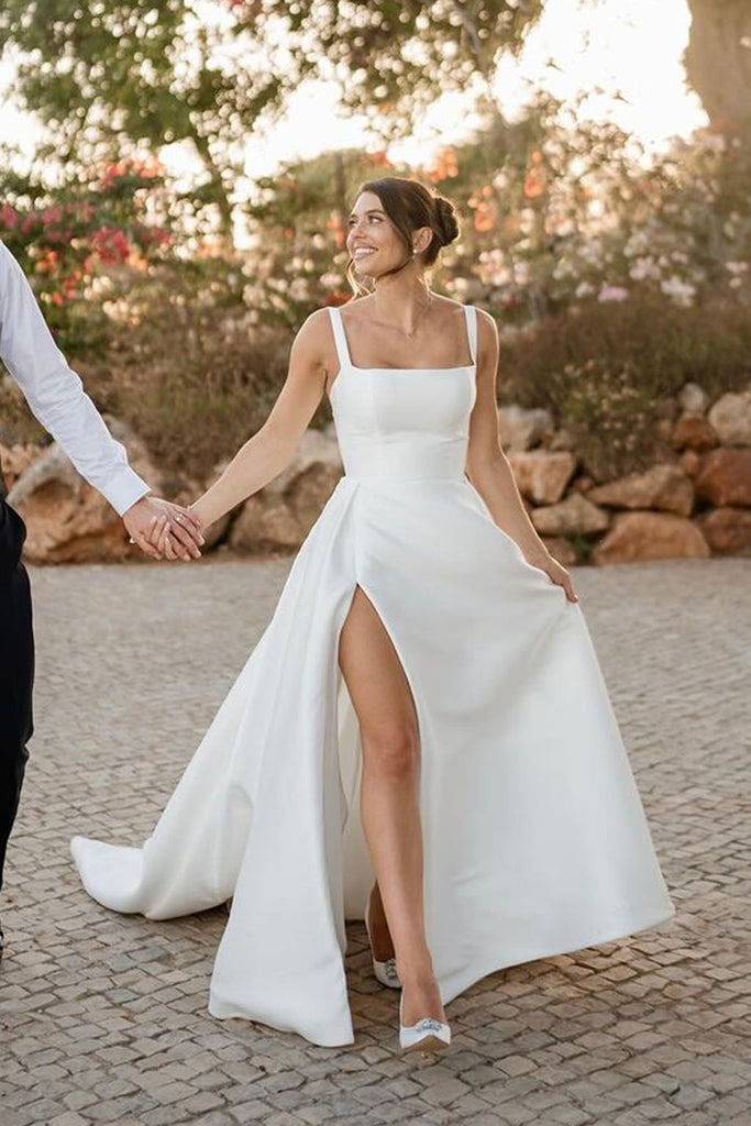 Modern A Line Square Neck Satin Long Wedding Dresses with Slit AB24100 Anniebride Modern A Line Square Neck Satin Long Wedding Dresses with Slit AB24100 Anniebride