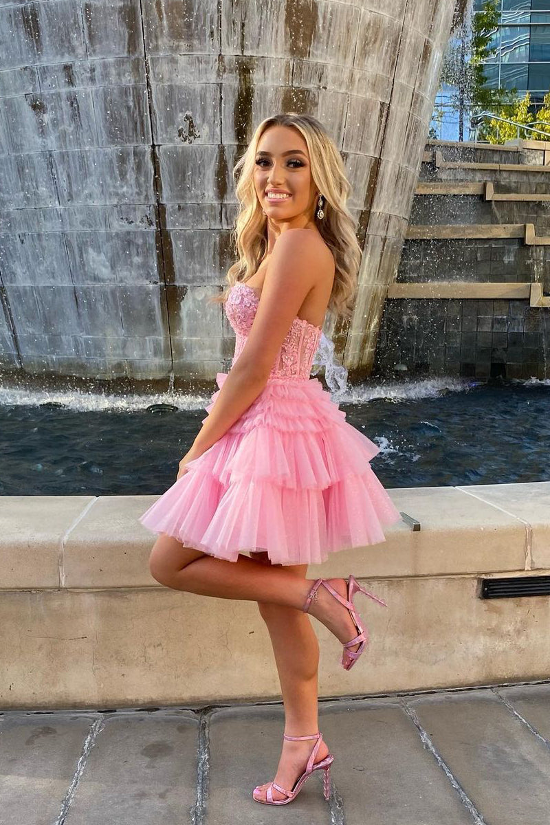 pink short formal dress Cute A Line Sweetheart Tulle Pink Short Homecoming Dresses with Appliques  AB091101 – Anniebride