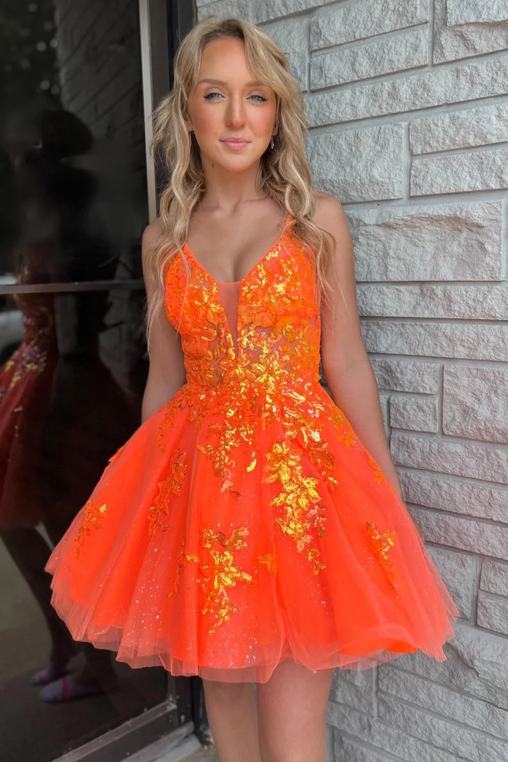 Cute A Line V Neck Orange Sequins Short Homecoming Dresses AB091504