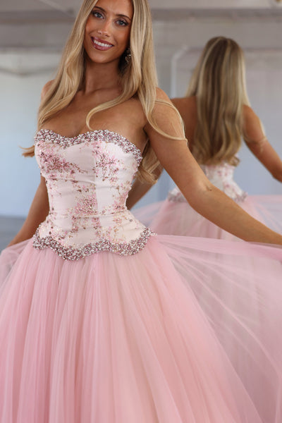 A Line Sweetheart Light Pink Tulle Long Prom Dress with Beading AB26102106
