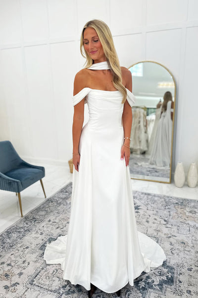 Elegant A Line Off the Shoulder Satin Long Wedding Dress AB26051709