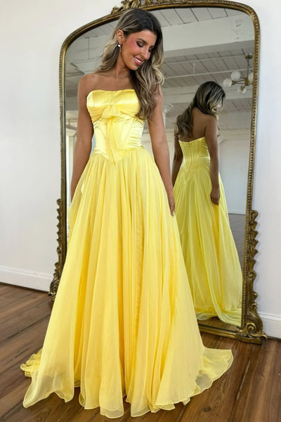 Cute A Line Strapless Light Blue Chiffon Long Prom Dress with Slit AB2622804