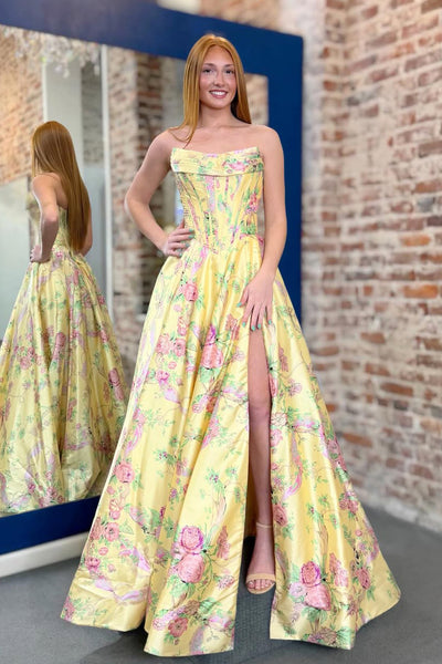 Cute A Line Scoop Neck Yellow Floral Satin Prom Dress AB26031801