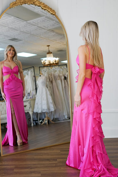 Cute Mermaid Sweetheart Fuchsia Satin Prom Dress with Slit AB25012707