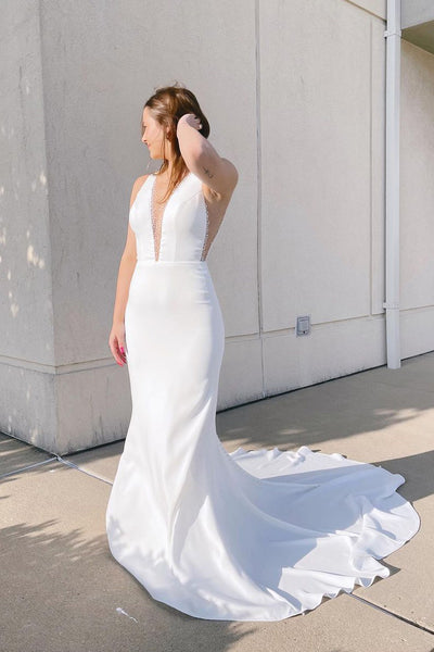 Charming Mermaid V Neck Elastic Satin Long Wedding Dresses with Beading ABWD061820