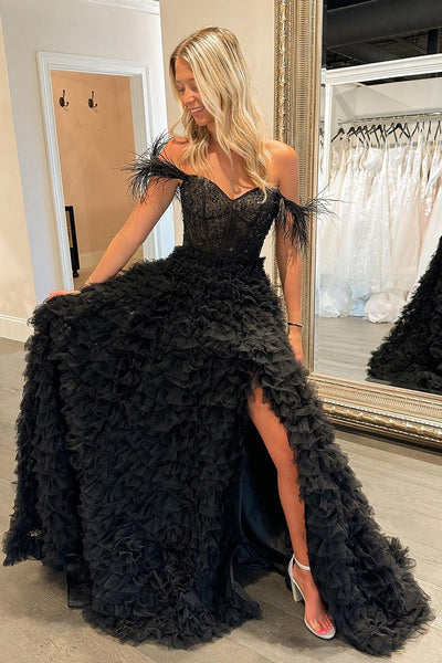 Cute A Line Off the Shoulder Black Tulle Long Prom Dresses with Beading AB072904