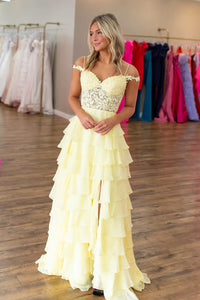 Cute A Line Off the Shoulder Daffodial Chiffon Slit Prom Dress with Appliques AB25022310