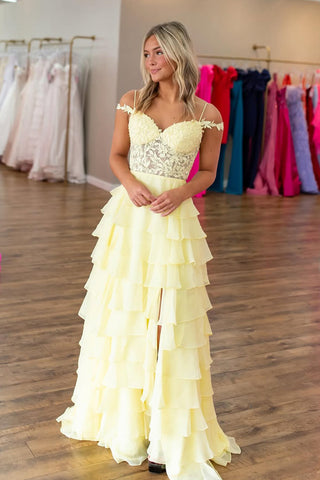 Cute A Line Off the Shoulder Daffodial Chiffon Slit Prom Dress with Appliques AB25022310