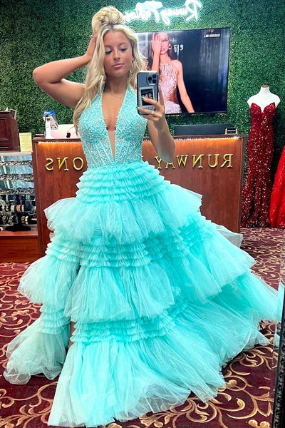 Ball Gown Halter Ruffle Tiered Long Prom Dress AB4020604