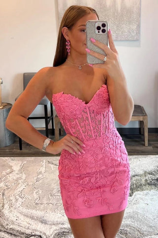 Cute Bodycon Sweetheart Hot Pink Lace Short Homecoming Dresses with Beaded AB062203