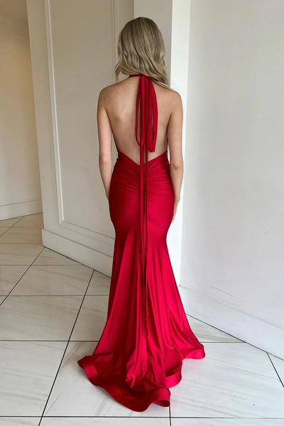 Charming Mermaid V Neck Red Elasitc Satin Prom Dress AB25012505