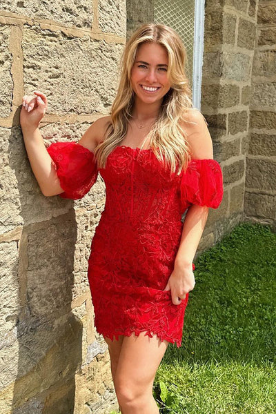 Cute Bodycon Sweetheart Red Lace Short Homecoming Dresses with Ruffled Sleeves ABHC061823
