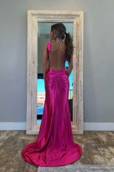 Mermaid Halter Keyhole Fuchsia Satin Long Prom Dresses with Slit AB25032102