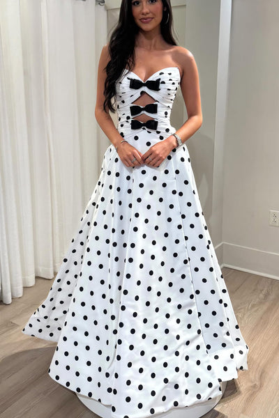 Cute A Line Sweetheart White Black Dot Satin Prom Dress with Bow AB26012701