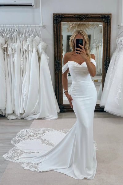 Elegant Off the Shoulder Mermaid Elasitc Satin Wedding Dress with Appliques AB26022401