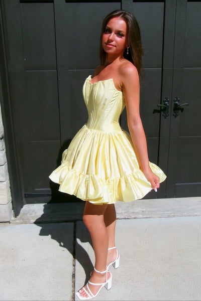 Cute A Line Scoop Neck Yellow Satin Short Homecoming Dress AB25101703