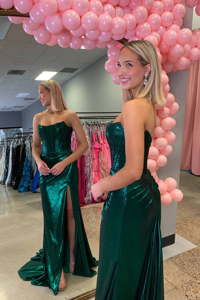 Mermaid Strapless Dark Green Satin Long Prom Dresses with Slit AB25032107