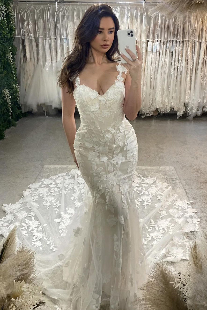 Elegant Mermaid Sweetheart Tulle Wedding Dresses with Appliques AB4030605