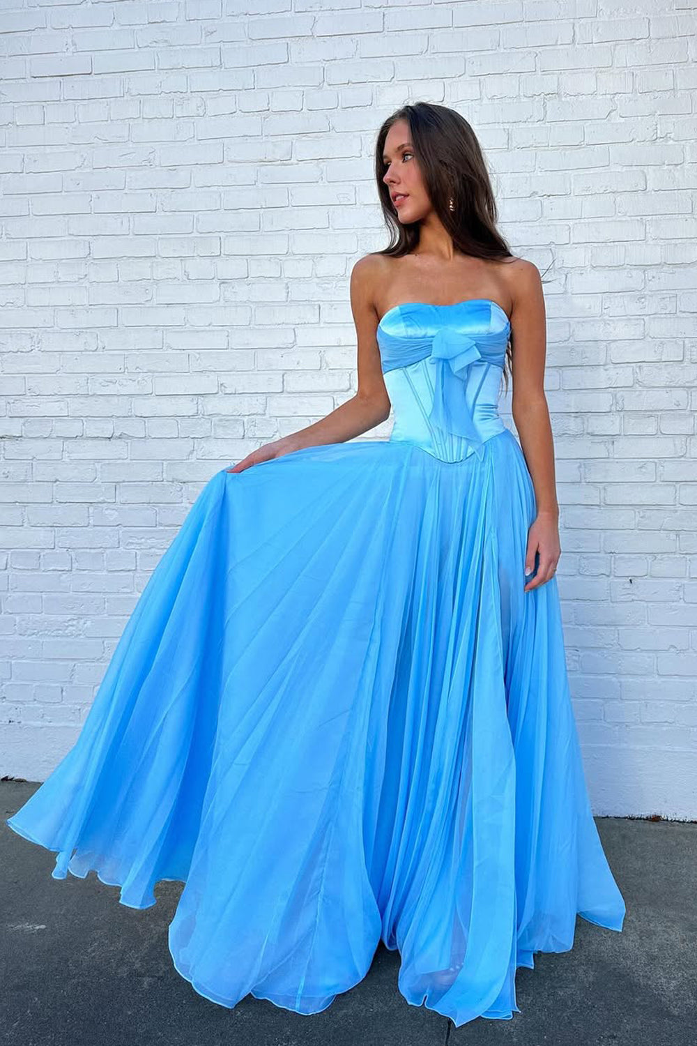 A Line Sweetheart Blue Chiffon Prom Dress with Bow AB25111408