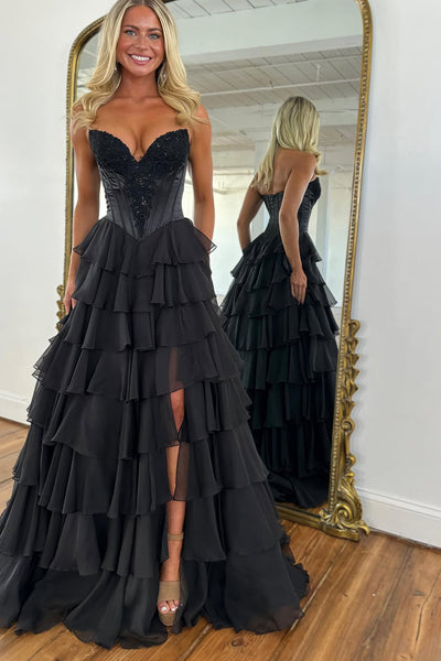 Cute A Line Sweetheart Black Chiffon Tiered Prom Dress AB26010609