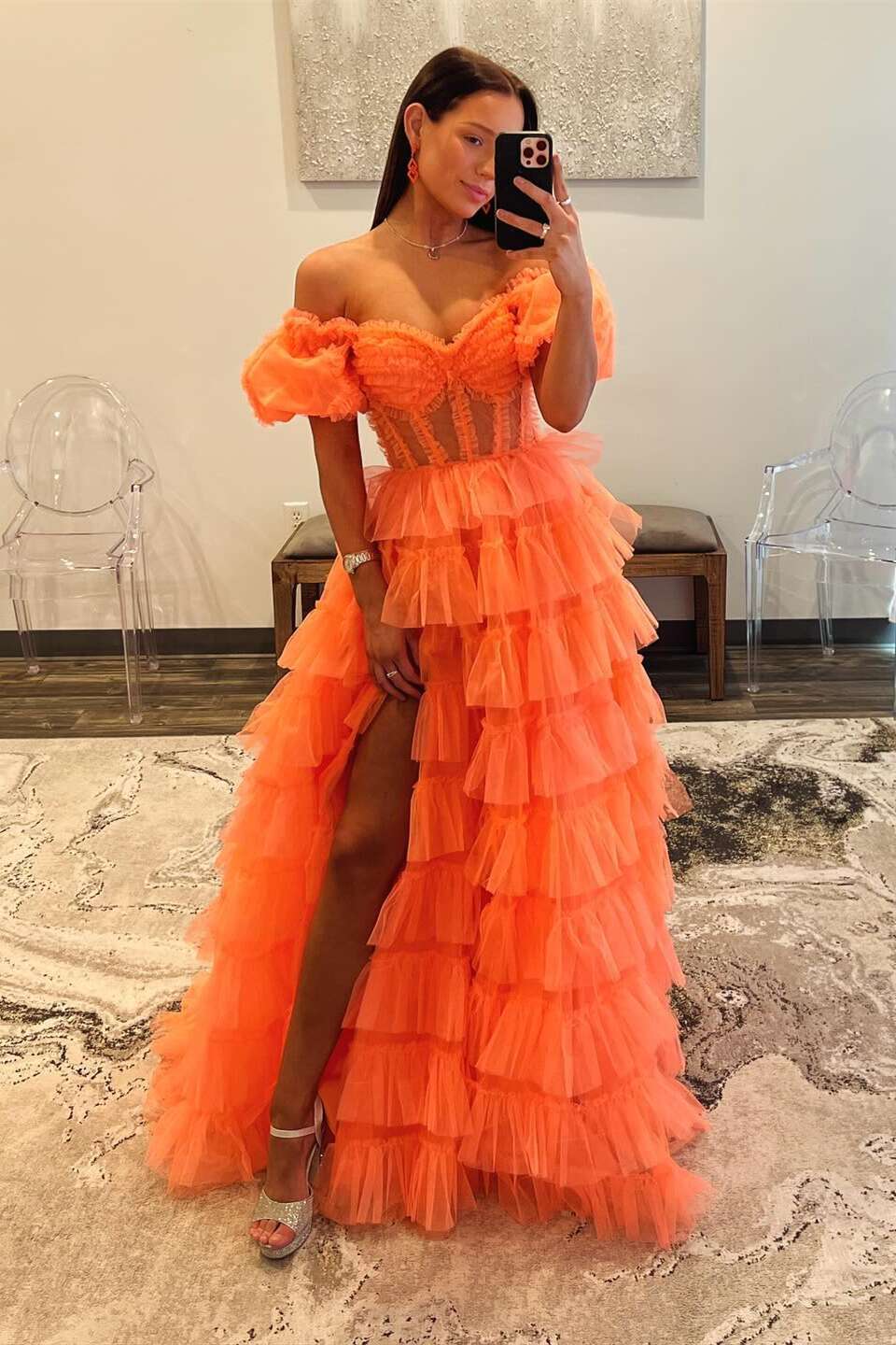 Women's Feather Strapless Prom Dress - Ruffled Long Evening Gown With High Slit | Orange Formal Gown US Size 12 - View #11