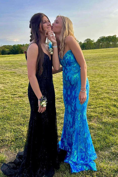 Sparkly Mermaid Sweethart Blue Sequins Long Prom Dresses with Lace up Back AB061823