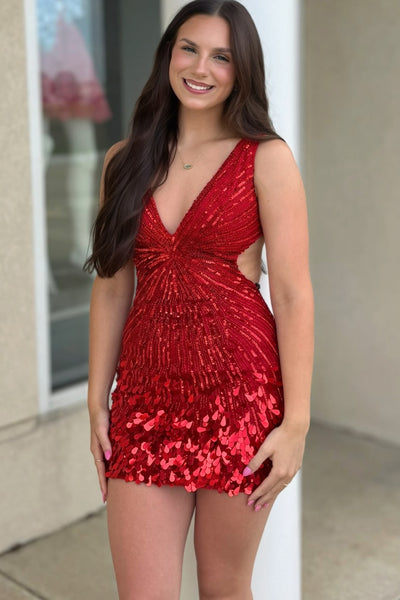 Sparkly Bodycon V Neck Red Sequins Homecoming Dress with Beading AB26070712