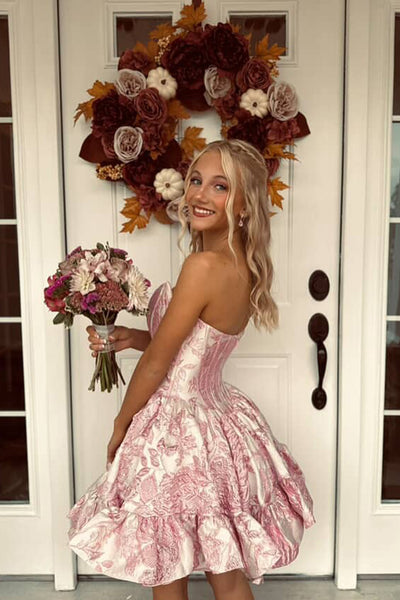 Cute A Line Scoop Neck Blush Pink Jacquard Satin Short Homecoming Dress AB25100610