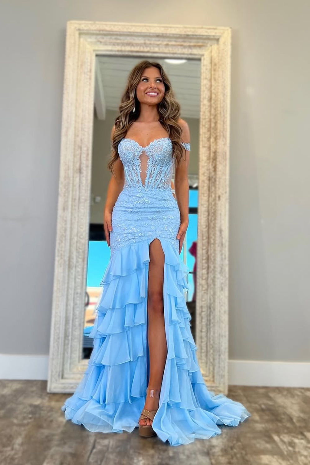 Cute Mermaid Sweetheart Light Blue Tiered Chiffon Prom Dress with Appliques AB25022303