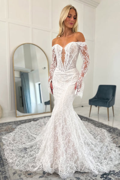 Boho Mermaid Off the Shoulder Lace Wedding Dress with Long Sleeves AB26051707