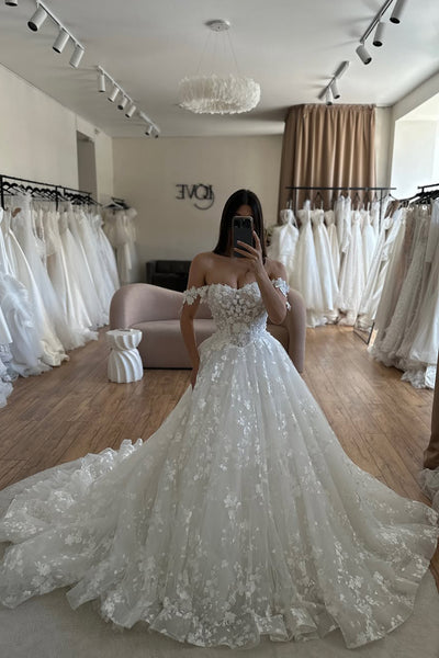 Gorgeous A Line Off the Shoulder Lace Beach Wedding Dress AB26061420
