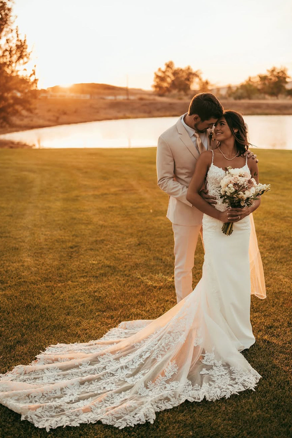 Romantic Mermaid V Neck Satin Wedding Dress with Appliques AB25092519