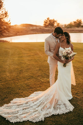 Romantic Mermaid V Neck Satin Wedding Dress with Appliques AB25092519